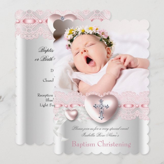 Invitation Baptême Pink Silver Photo Coeur Croix Fille (Devant / Derrière)