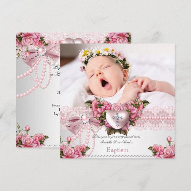 Invitation Baptême Pink Silver Photo Coeur Croix Fille Rose 4 (Devant / Derrière)