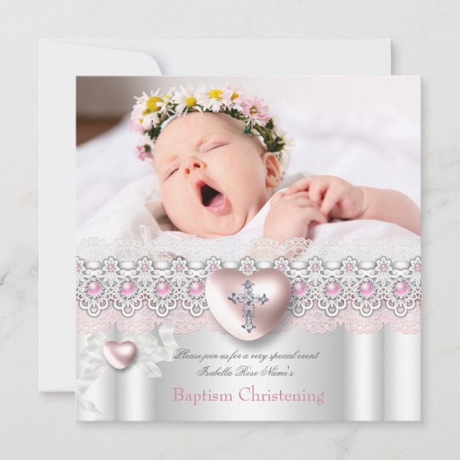 Invitation Baptême Pink Silver Photo Coeur Croix Girl Pearl (Devant)