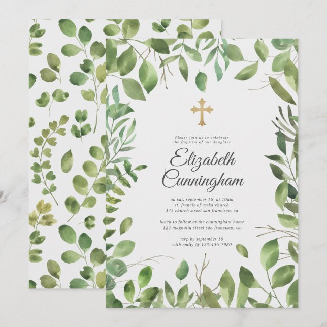 Invitation Baptême Pour Elle| Feuille de feuillage de feuilla (Devant / Derrière)