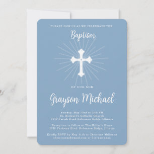Invitation Baptême pour fils Croix Bleue Poussiéreuse