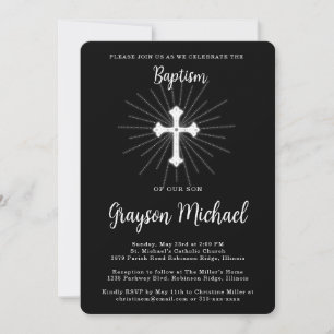 Invitation Baptême pour fils noir avec croix blanche