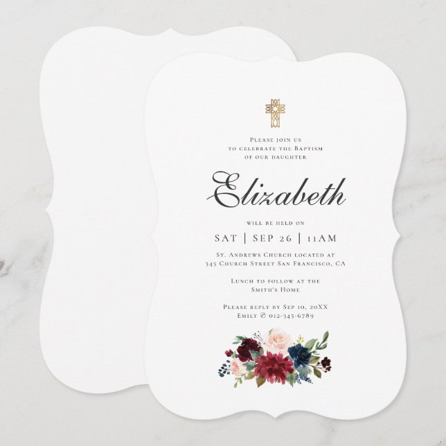 Invitation Baptême Pour Sa Croix Florale D'Aquarelle Moderne (Devant / Derrière)