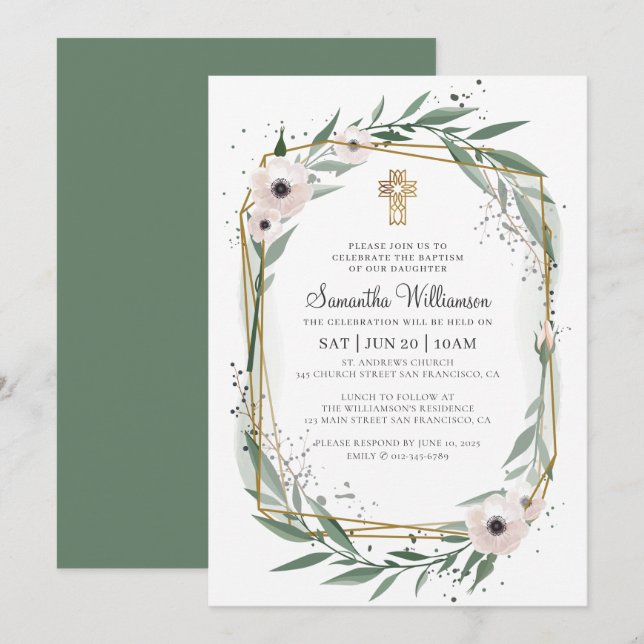 Invitation Baptême Pour Sa Croix Florale Géométrique Moderne (Devant / Derrière)