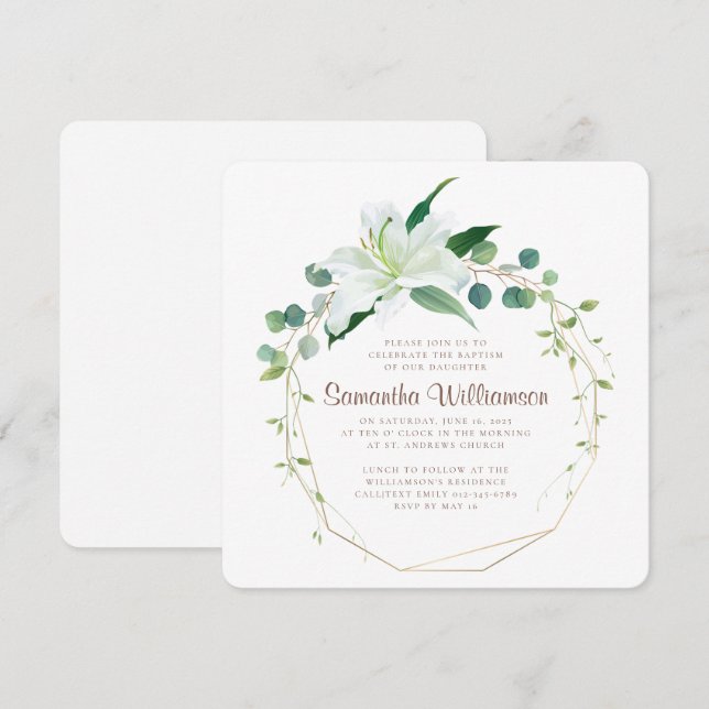 Invitation Baptême pour sa flore géométrique et moderne blanc (Devant / Derrière)