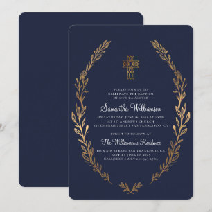 Invitation Baptême Pour Ses Faux Gold Foliage Bleu