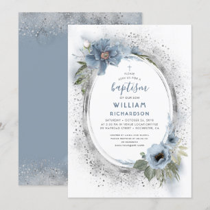 Invitation Baptême Poussiéreux Bleu et Argent Paillettes