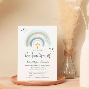 Invitation Baptême poussiéreux bleu et blanc Boho   Arc-en-ci