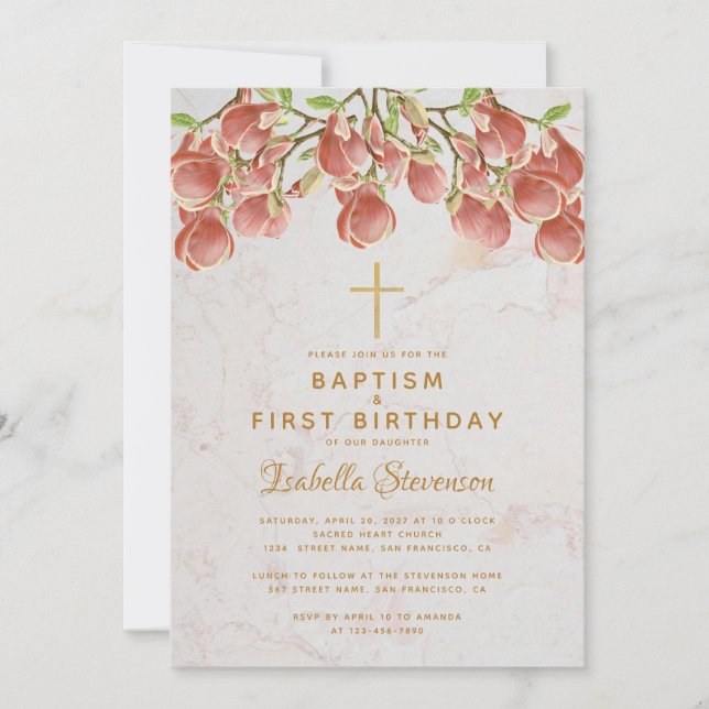 Invitation Baptême Premier anniversaire Pink Magnolia Cross M (Devant)