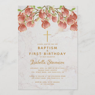 Invitation Baptême Premier anniversaire Pink Magnolia Cross M