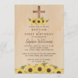 Invitation Baptême premier anniversaire Sunflower Wood Cross 