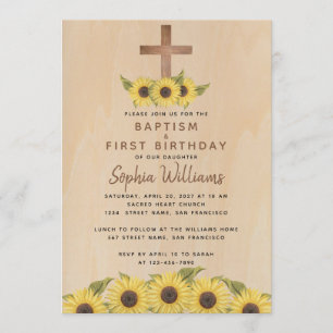 Invitation Baptême premier anniversaire Sunflower Wood Cross 