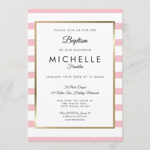 Invitation Baptême rayé rose moderne Christening
