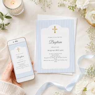 Invitation Baptême rayures bleu poussiéreux garçon