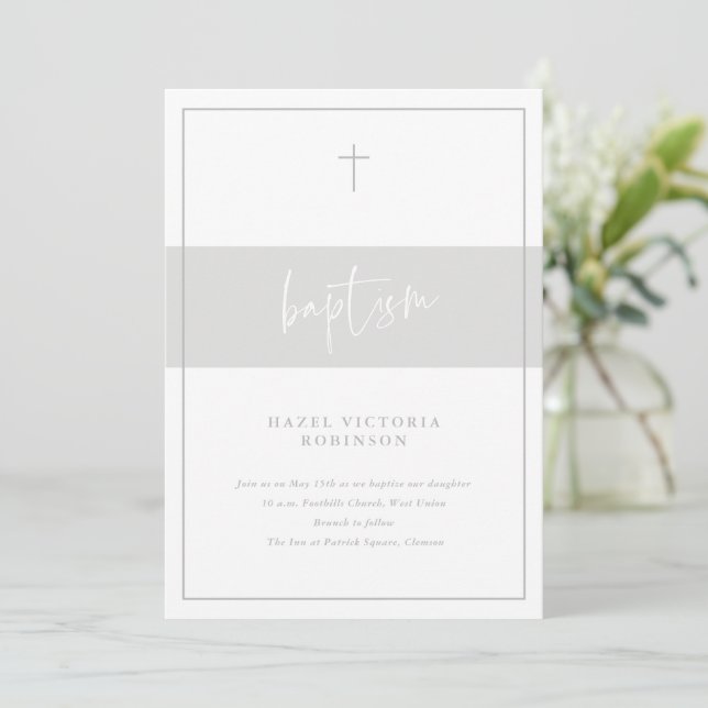 Invitation Baptême religieux à script minimal (Debout devant)