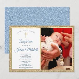 Invitation Baptême religieux Christening Gold Blue Baby Boy