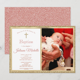 Invitation Baptême Religieux Christening Gold Rose Baby Girl