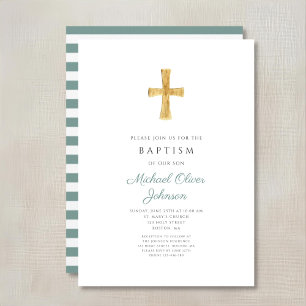 Invitation Baptême religieux garçon croix verte moderne