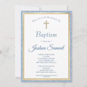 Invitation Baptême Religieux Parties scintillant Bleue Croix 