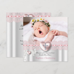 Invitation Baptême Rose Argent Photo Cœur Croix Fille