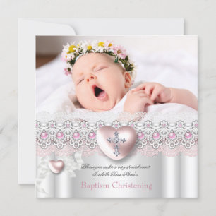 Invitation Baptême Rose Argent Photo Cœur Croix Fille Perle