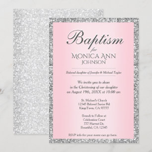 Invitation Baptême Rose avec Parties scintillant Faux Argen