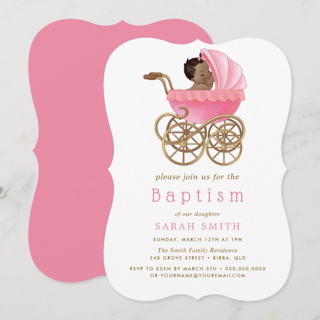 Invitation Baptême rose Baptême rose Bébé mignon Pram (Devant / Derrière)