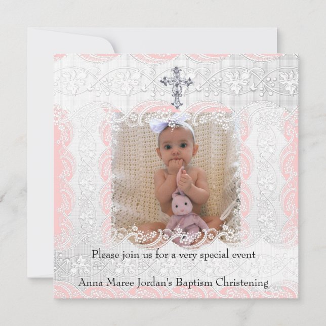 Invitation Baptême rose blanc dentelle photo Bijou Croix (Devant)
