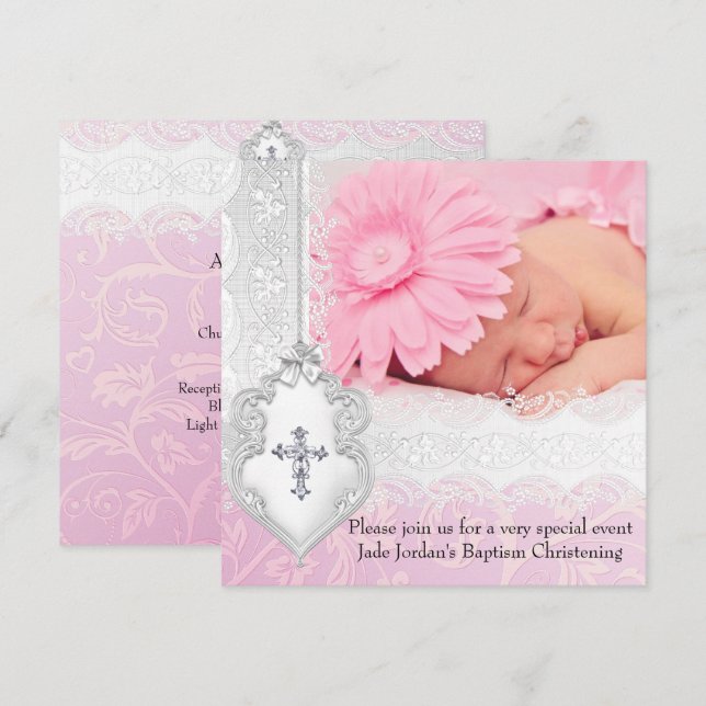Invitation Baptême rose blanc dentelle photo Bijou Croix fill (Devant / Derrière)