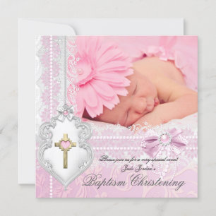 Invitation Baptême rose blanc dentelle photo Pearl Cross Girl