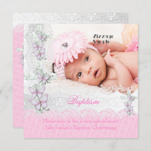 Invitation Baptême rose blanche dentelle photo papillon Croix