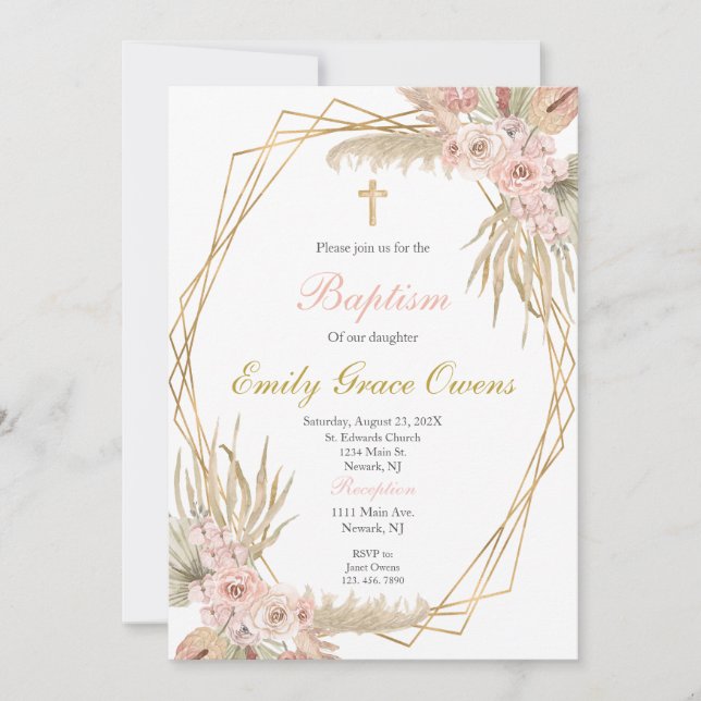 Invitation Baptême rose boho (Devant)