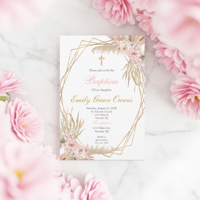 Invitation Baptême rose boho (Créateur téléchargé)