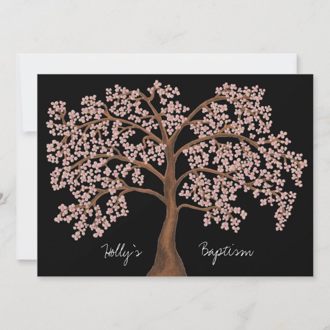 Invitation Baptême rose cerisier fleuri Arbre peinture (Devant)