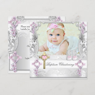 Invitation Baptême Rose Croix Blanche Fille Photo Christening