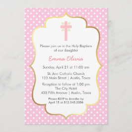 Invitation Baptême rose de point de polka avec la frontière