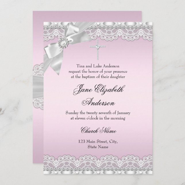 Invitation Baptême rose dentelle de diamant chic (Devant / Derrière)
