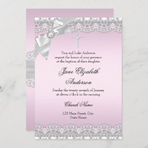 Invitation Baptême rose dentelle de diamant chic