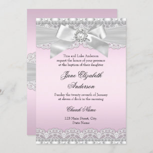 Invitation Baptême rose dentelle diamant