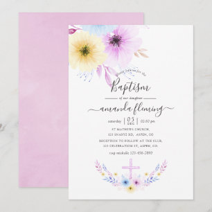 Invitation Baptême rose et bleu floral Pastel