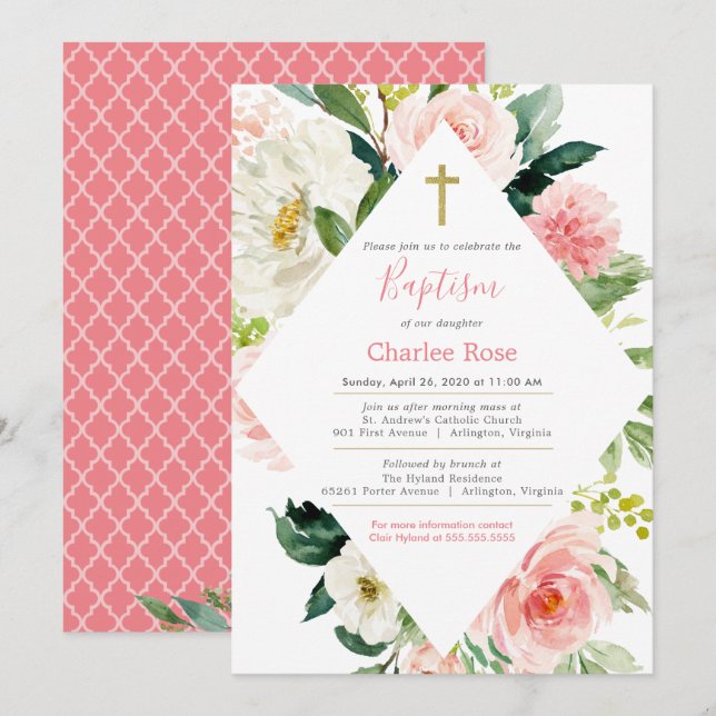 Invitation Baptême Rose et brunch rose et blanc (Devant / Derrière)