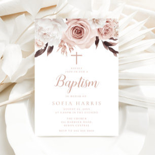 Invitation Baptême Rose et fleurs blanches