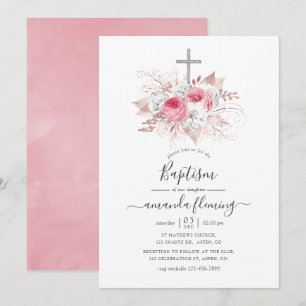Invitation Baptême rose et Rose or floral
