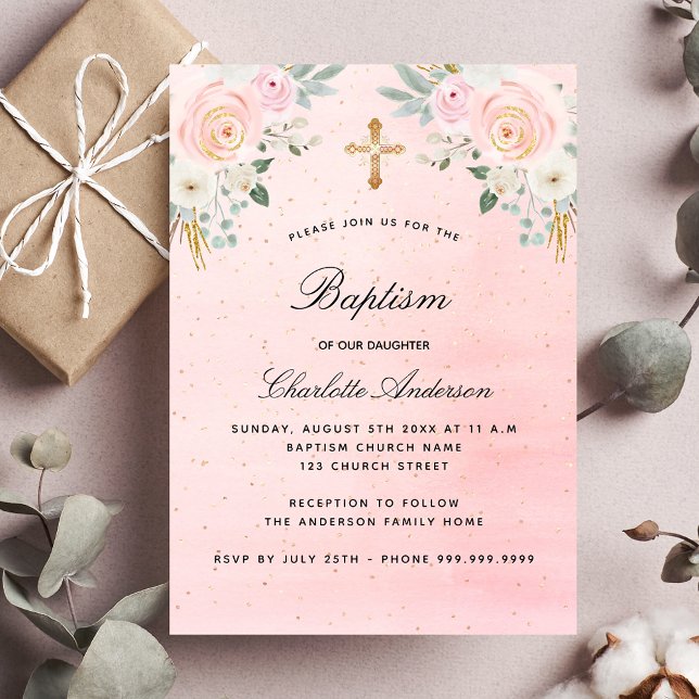 Invitation Baptême rose floral fille élégante (Créateur téléchargé)