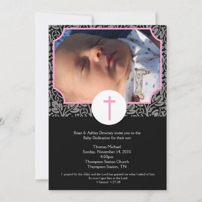 Invitation Baptême rose/gris/noir Dédicace bébé 5x7 photo (Devant)