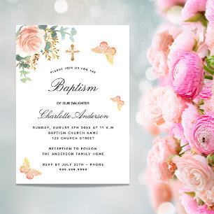 Invitation Baptême rose or fleuri papillon luxe