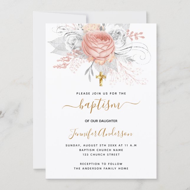 Invitation Baptême rose or florales fille élégant blanc (Devant)