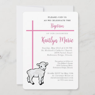 Invitation Baptême rose pour fille Croix Petit Agneau