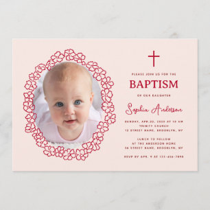 Invitation Baptême Rose Rouge avec Photo de Fille dans une Co