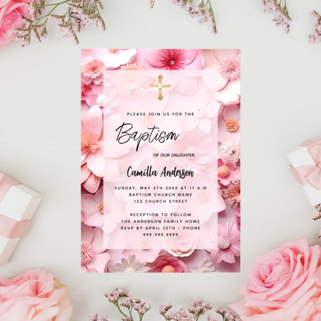 Invitation Baptême rose rousse fleurs bébé fille luxe (Créateur téléchargé)